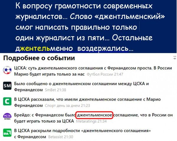 К вопросу грамотности современных журналистов Слово джентльменский смог иаписпть правильна только один журналист из пяти Остальные джентельменно воздержались Ппдрпбиее пбьпии и уд та щш ви т в та _ им в и ми джктыьмемкпс камыша и мшш а Бреидо Фермипкон дхцнивмеиккое и Роккии г в ЦСКА _ и ц тккпмтиппдрвбивпи жемыцдюми Феримдешм