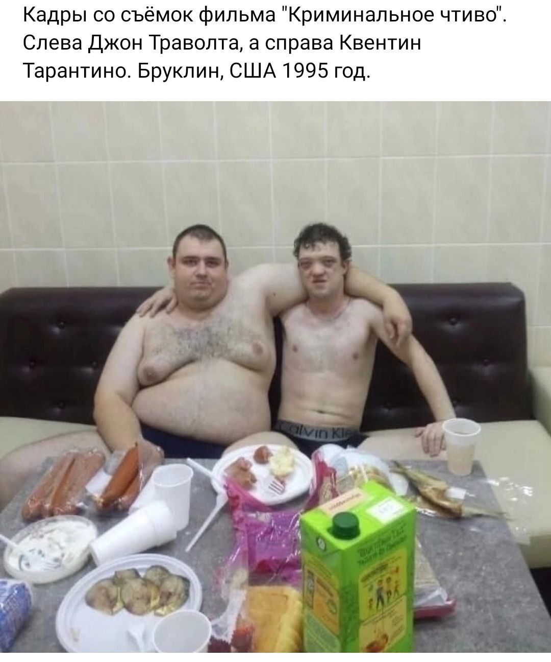 Кадры со съёмок Фильма Криминальное чтиво Слева Джон Траволта а справа Квентин Тарантино Бруклин США 1995 год