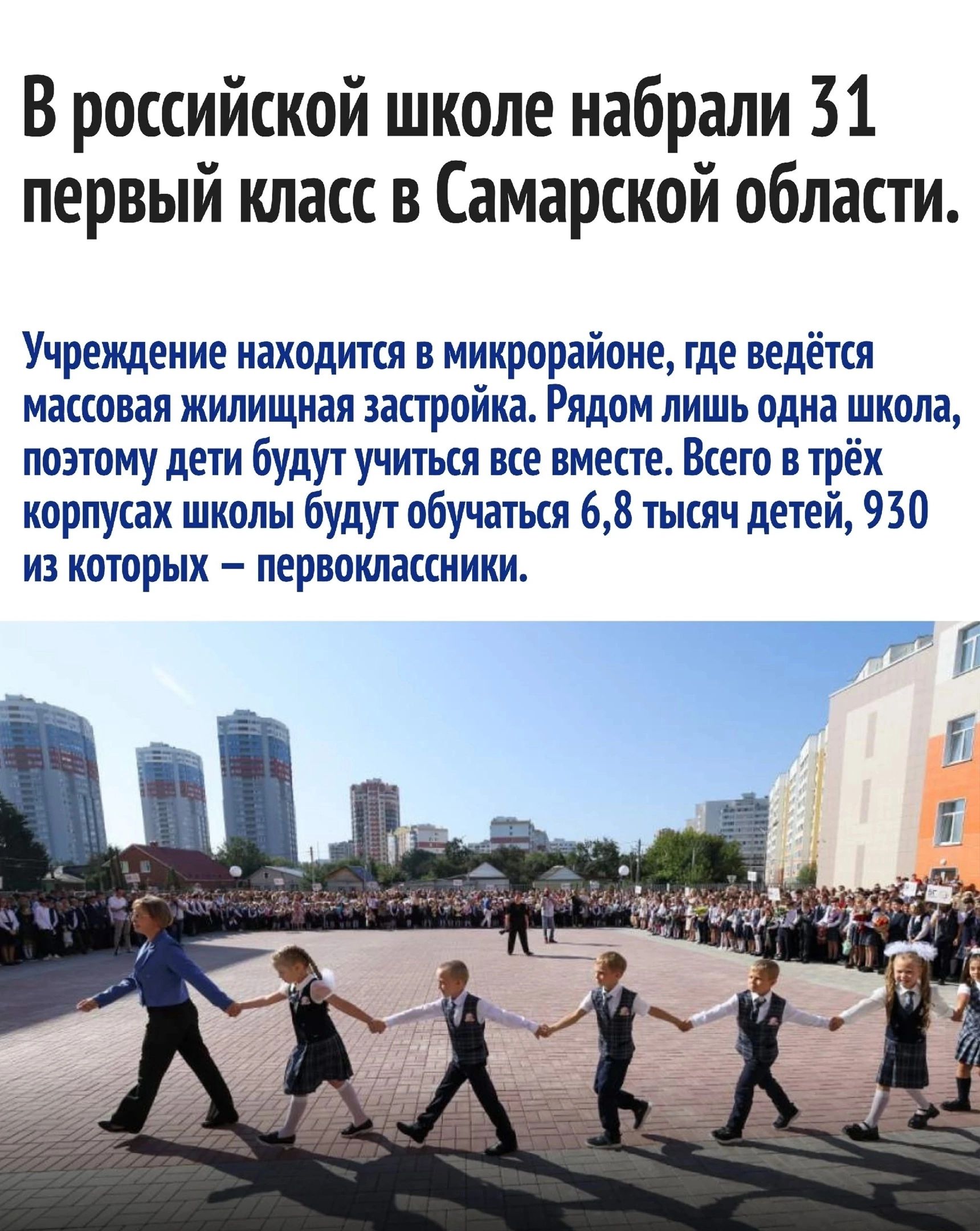 В российской школе набрали 31 первый класс в Самарской области Учреждение находится в микрорайоне где ведётся массовая жилищная застройка Рядом лишь одна школа поэтому дети будут учиться все вместе Всего в трёх корпусах школы будут обучаться 68 тысяч детей 930 из которых первоклассники