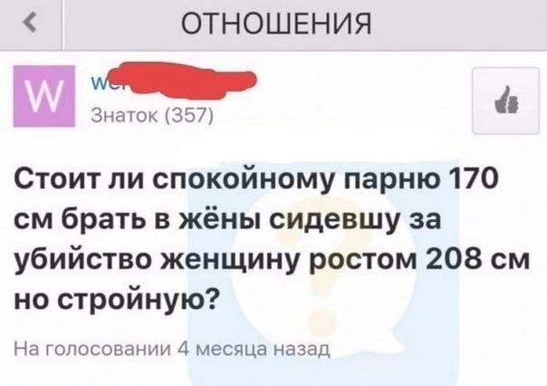 ОТНОШЕНИЯ Ш ЗнаУок 357 Стоит ли спокойному парню 170 см брать в жёны сидевшу за убийство женщину ростом 208 см но стройную на голосовании А месяца назад