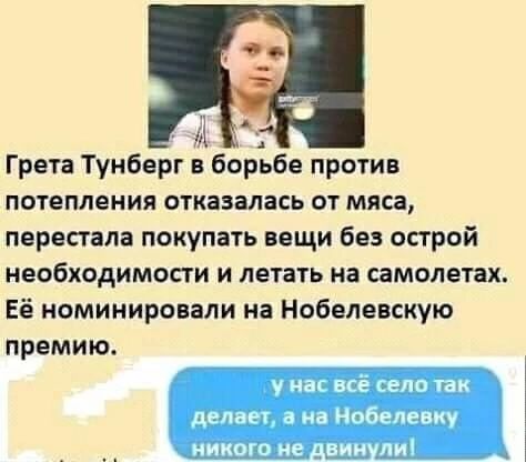 Грета Тунберг борЁбе против потепления отканалась от мяса перестала покупать вещи без острой необходимости и летать на самолетах Её номинировали на Нобелевскую премию