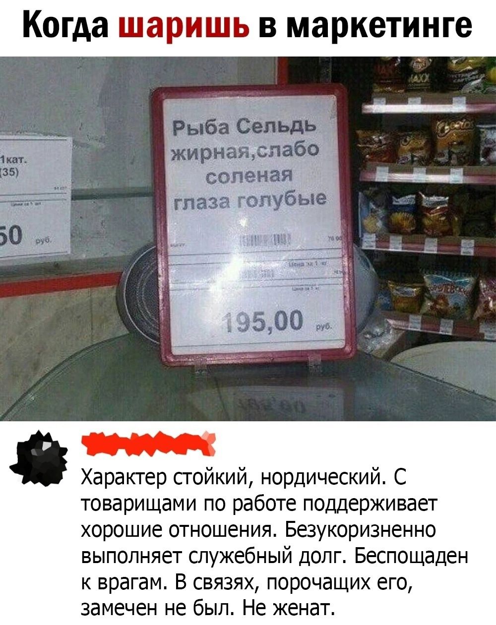 Когда шаришь в маркетинге Характер стойкий нордический С товарищами по работе поддерживает хорошие отношения Безукоризненно выполняет служебный допг Беспощаден врагам В связях порочащих его замечен не был Не женат