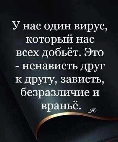 У нас один вирус которьпи1 нас всех добьёт Это ненависть друг к другу зависть безразшачие и враньё у