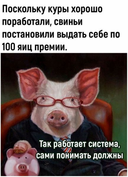 Поскольку куры хорошо поработали свиньи постановили выдать себе по 100 яиц премии так работает СИСТЕМЕ СЗМИ ПОНИМЗТЬ дОПЖНЫ