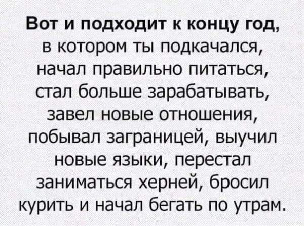 Вот и подходит к концу год в котором ты подкачался начал правильно питаться стал больше зарабатывать завел новые отношения побывал заграницей выучил новые языки перепел заниматься херней бросил курить и начал бегать по утрам