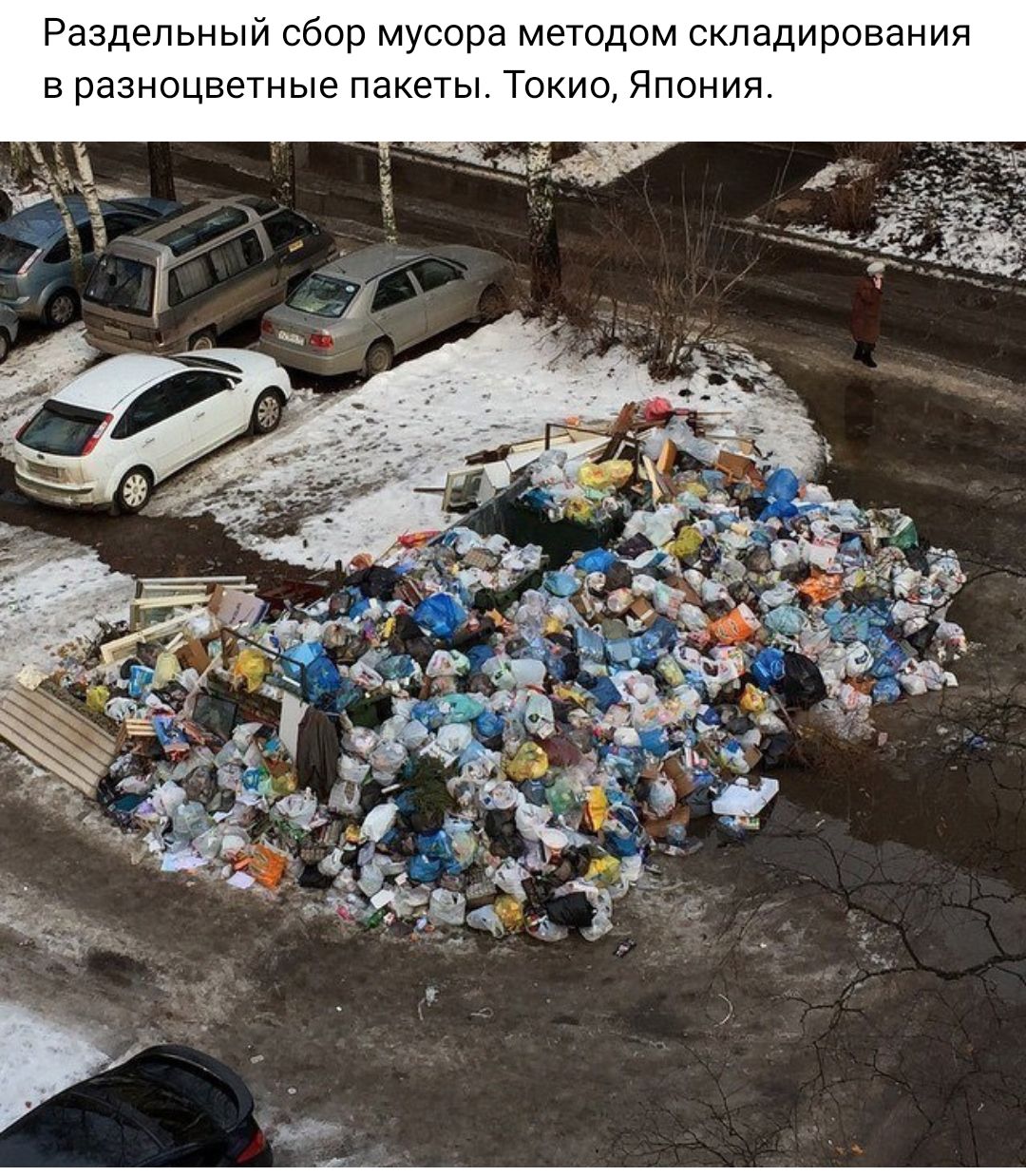 Рездепьныи сбор мусора методом складирования в разноцветные пакеты Токио Япония
