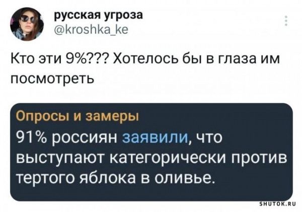 русская угроза _ К05У7Ъаке Кто эти 9 Хотелось бы в глаза им посмотреть Опросы и замеры 91 россиян заявили что ВЫСТУПЭЮТ КЗТЭГОРИЧЭСКИ против тертого яблока в оливье