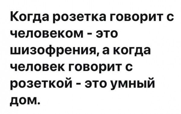 Когда розетка говорит с человеком это шизофрения а когда человек говорит с розеткой это умный дом