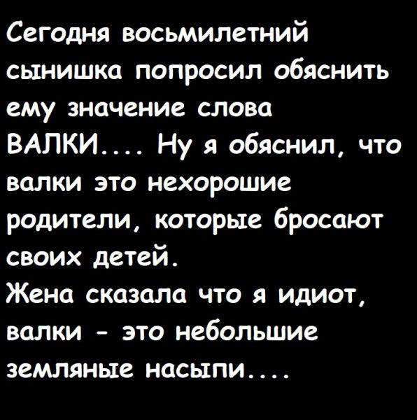 Сегодня восьмилетний сынишка попросил обяснить ему значение слова ВАПКИ Ну я обяснил что валки это нехорошие родители которые бросают своих детей Жена сказала что я идиот валки это небольшие земляные насыпи