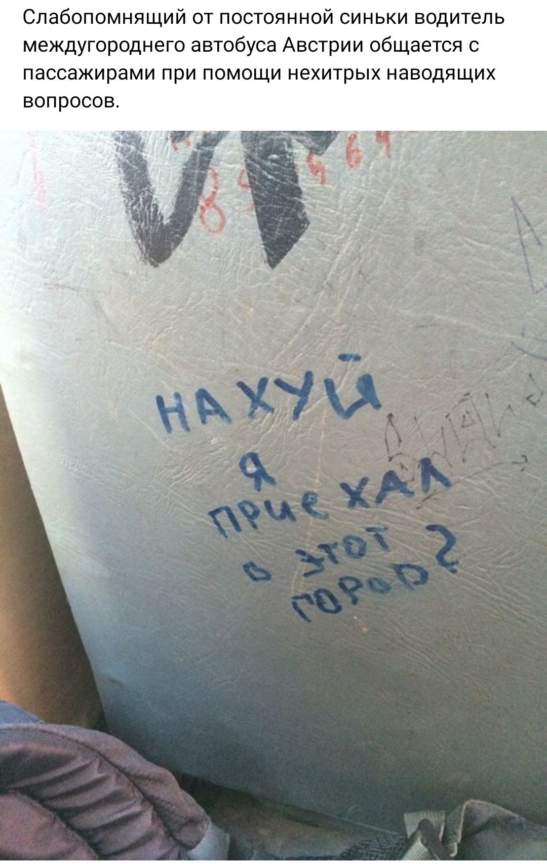 Слабопомнпщий от посюянной синьки водитель междугороднего автобуса Австрии общается с пассажирами при помощи нехитрых наводищих вопросов