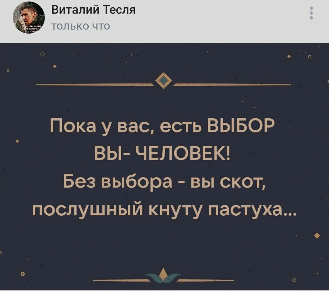 Виталий Тесля о____ Пока у вас есть ВЫБОР ВЫ ЧЕЛОВЕК Без выбора вы скот послушный кнуту пастуха