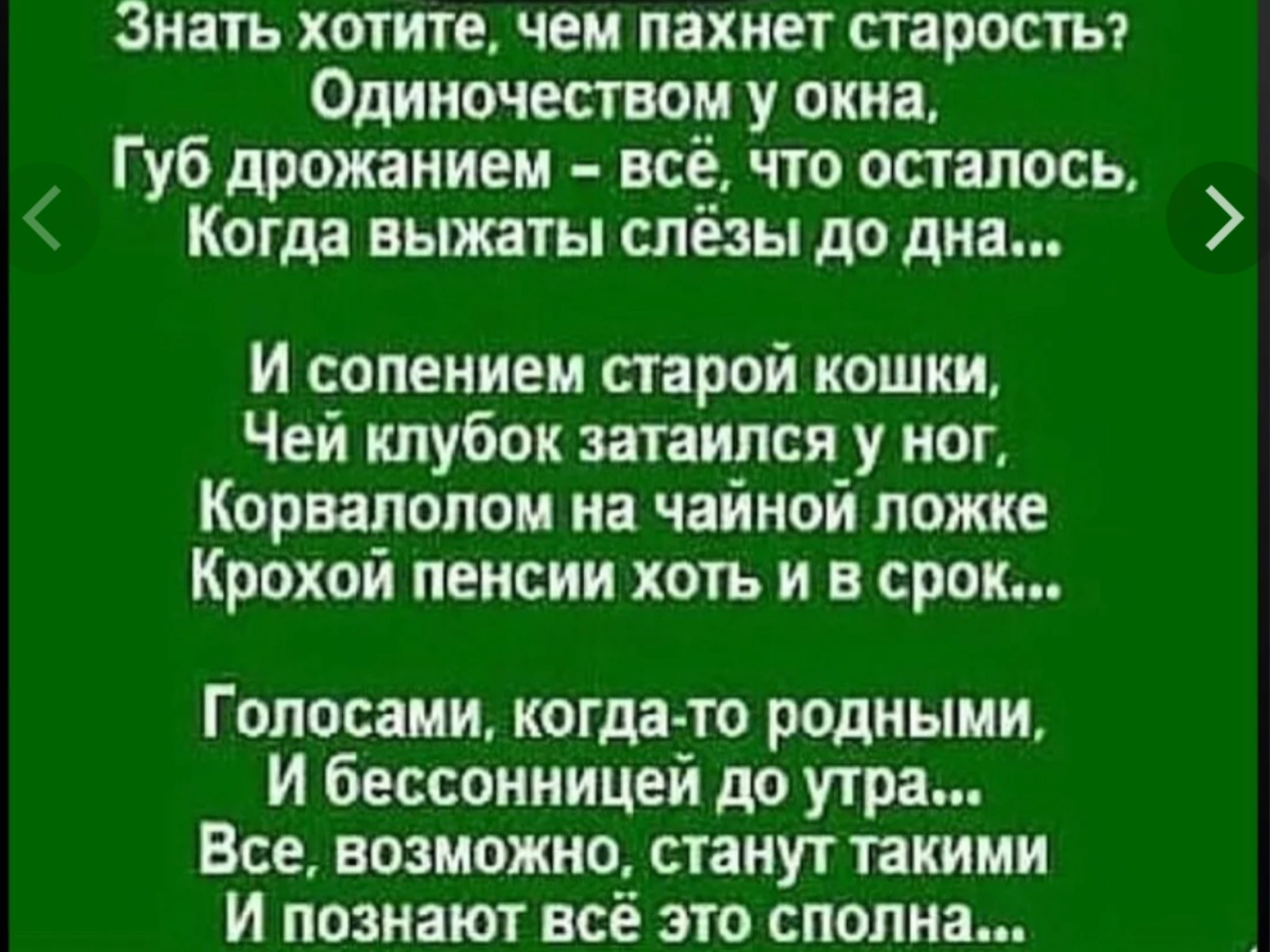 Знать хотите чем пахнет старосты Одиночесгвом у окна Г уб дрожанием всё что осталось Когда выжать слёзы до дна И селением старой кошки Чей клубок затаился у ногт Корвалопои на чайной ложке Крохой пенсии хоть и в срок Г словами когда то родными И бессонницей до утра Все возможно станут такими И познают всё это сполна