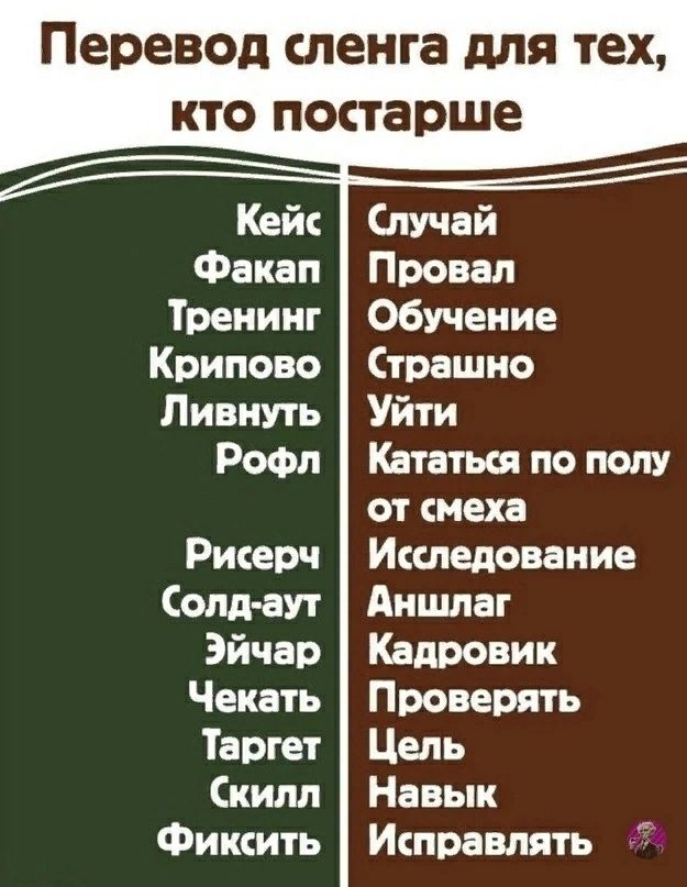 Перевод сленга для тех КТО постарше Кейс Факап Тренинг Крипово Ливнуть Рофп Рисерч Солд аут Эйчар Чекать Таргет Скилл Фиксить Случай Провал Обучение Страшно Уйти Кататьш по полу от меха Исследование Аншлаг Кадровик Проверять Цепь Навык Исправпять