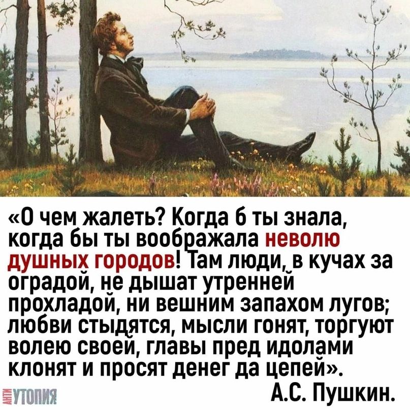 О чем жалеть Когда 6 ты знала когда Вы ты вооб ажала неволю душных городов ам люди_в кучах за оградои н_е дышат утреннеи прохладои ни вешним запахом лугов любви стыдятся мысли гонят торгуют волею своеи главы пред идопдми клонят и просят денег да цепеи их на АС Пушкин