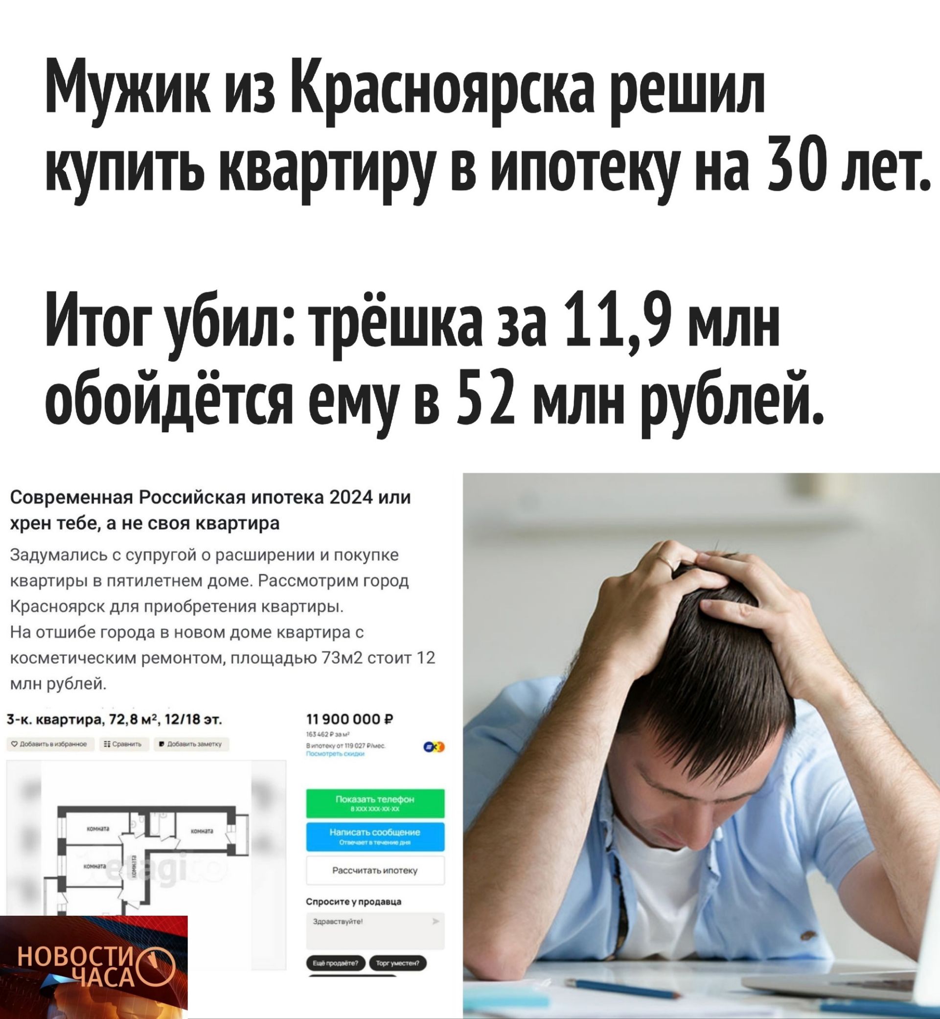 Мужик из Красноярска решил купить квартиру в ипотеку на 30 лет Итог убил трёшка за 119 млн обойдётся ему в 52 млн рублей