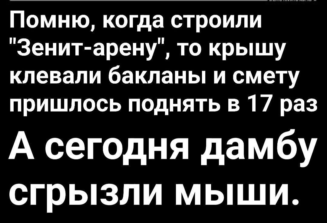 Помню когда строили Зенит арену то крышу клевали бакланы и смету пришлось поднять в 17 раз А сегодня дамбу сгрызли мыши