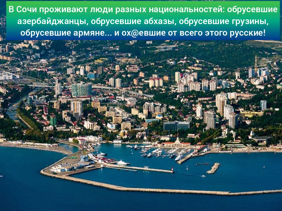 В Сочи проживают люди разных национальностей обрусевшие азербайджанцы обрусевшие абхазы обрусевшие грузины обрусевшие армяне и охевшие от всего этого русские