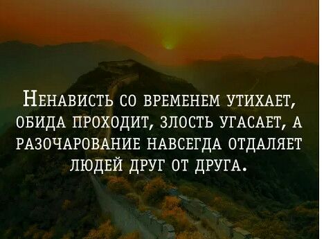 НЕНАВИСТЬ со ВРЕМЕНЕМ УТИХАЕТ ОБИДА проходит злость УГАСАЕТ А РАЗОЧАРОВАНИЕ НАВСЕГДА ОТДАЛЯЕТ людвй друг от ДРУГА