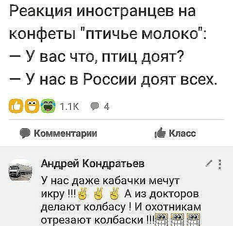 Реакция иностранцев на конфеты птичье молоко У вас что птиц доят У нас в России доят всех ОЭЁПК 4 Комментарии Класс Андрей Кондратьев У нас даже кабачки мечут икру Ё А из докторов делают колбасу И охотникам отрезают колбаски