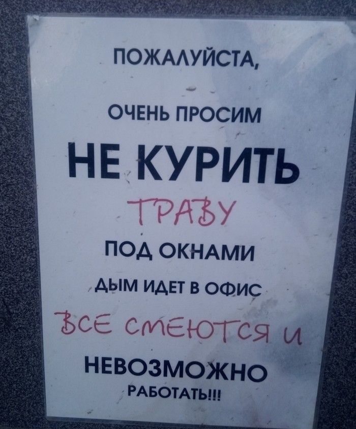 ПОЖААУЙСТА ОЧЕНЬ ПРОСИМ НЕ КУРИТЬ ПОД ОКНАми АЫМ ИАЕТ В ОФИС ЪСЕ СЕЮТСЯ __ НЕВОЗМОЖНО РАБОТАтып