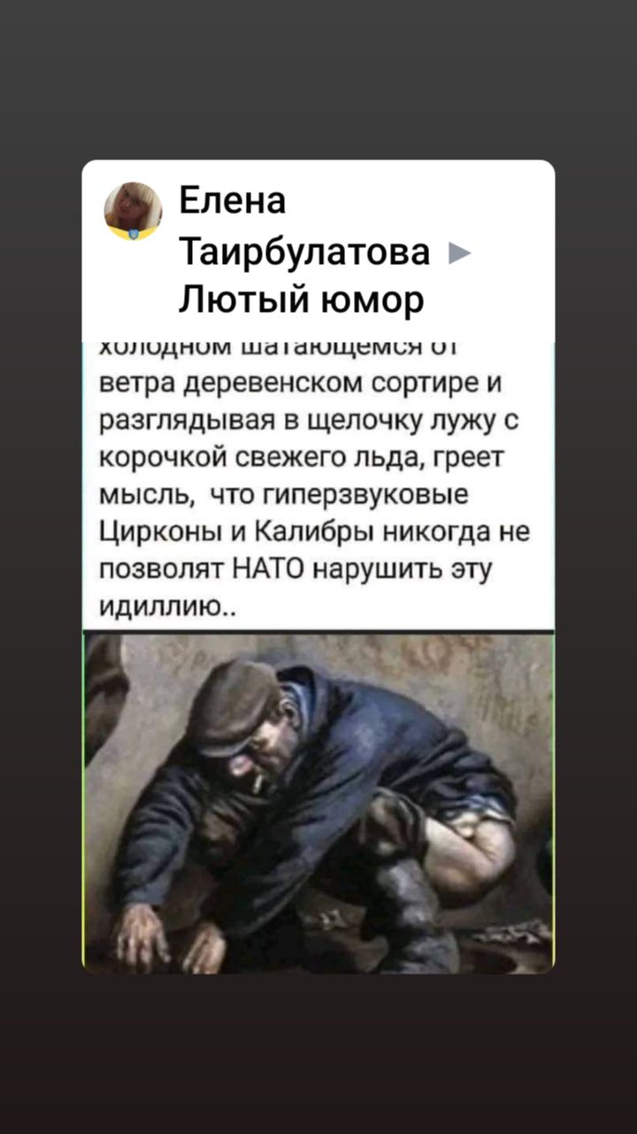 Елена Таирбупатова Лютый юмор шм шашшщвмьи ветра деревенском сортире и разглядывая в щелочку лужу КОРОЧКОЙ СЕЕЖЕГО ПЬДЭ греет МЫСПЬ ЧТО ГИПЕрЗВУКОВЫе Цирконы и Калибры никогда не позволят НАТО нарушить зту идиллию