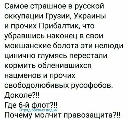 Самое страшное в русской оккупации Грузии Украины и прочих Прибалтик что убравшись наконец в свои мокшанские болота эти нелюди цинично гпумясь перестали кормить обленившихся нацменов и прочих свободолюбивых русофобов доколе Где 6й флот отд в вэд Почему молчит правозащита