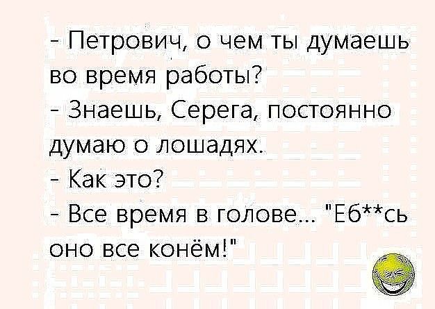 Петрович о чем ты думаешь во время работы Знаешь Серега постоянно думаю о лошадях Как это Все время в голове Ебсь оно все конём