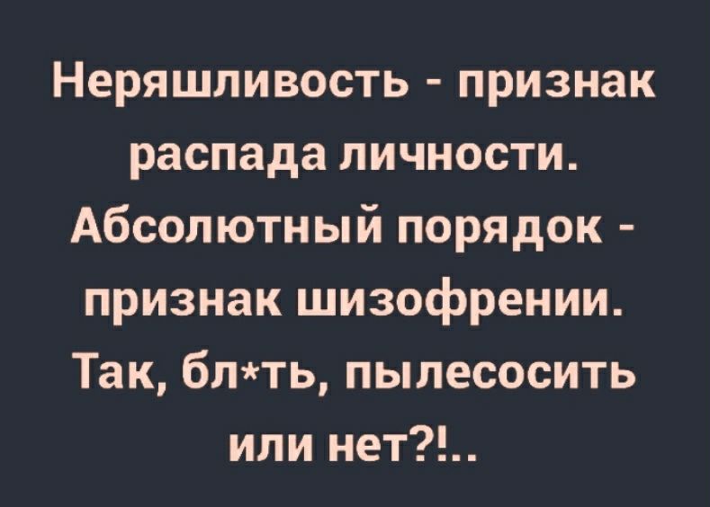 Неряшливость признак распада личности Абсолютный порядок признак шизофрении Так блть пылесосить или нет