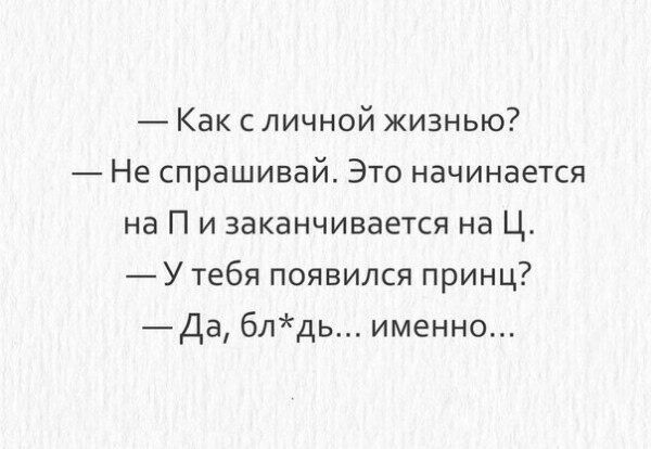 Как сличной жизнью Не спрашивай Это начинается на П и заканчивается на Ц У тебя появился принц _Да блдь именно