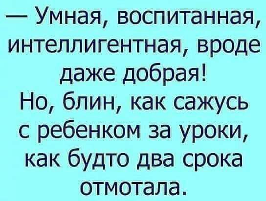 Умная воспитанная интеллигентная вроде даже добрая Но блин как сажусь с ребенком за уроки как будто два срока отмотала