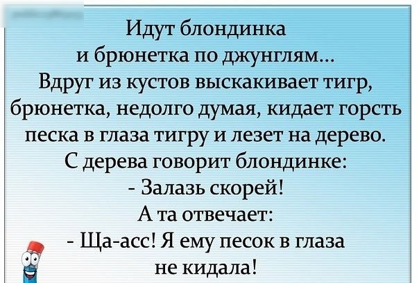 Идут блондинка и брюнетка по джунглям Вдруг из кустов выскакивает тигр брюнетка недолго думая кидает горсть песка в глаза тигру и лезет на дерево С дерева говорит блондинке Залазь скорей А та отвечает Щаасс Я ему песок в глаза Ё не кидала