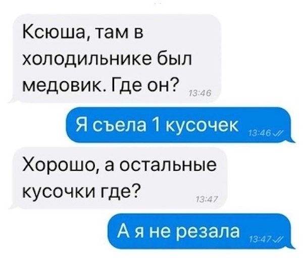 Ксюша там в холодильнике был медовик Где он Я съела 1 кусочек Хорошо а остальные кусочки где А я не резала