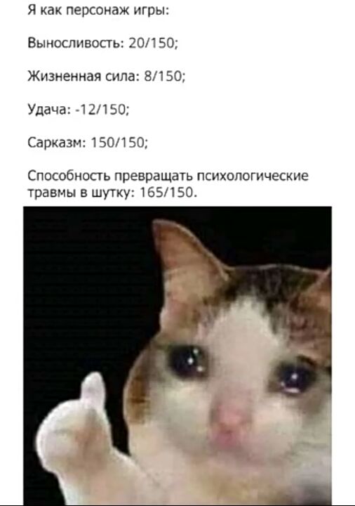 Я как персонаж Игры Выносливость 20150 Жизненная сила 8150 Удача Сарказм 150150 Способнопь превращать психологические травмы в шутку 165150