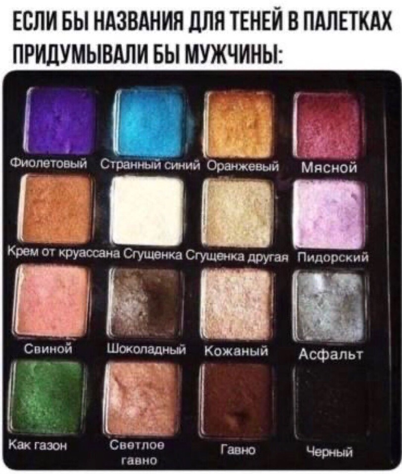ЕСЛИ БЫ НАЗВАНИЯ дЛЯ ТЕНЕЙ В ПАЛЕТКАХ ПРИДУМЫВАЛИ БЫ МУЖЧИНЫ _ЬЬ Фіопетовый Страниыи синим Оранжевыи Шоколадный Кожаный Светлов ЛаВНП Асфалът
