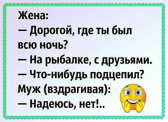 Жена дорогой где ты был всю ночь На рыбалке с друзьями Что нибудь подцепил Муж вздрагивая Надеюсь нет