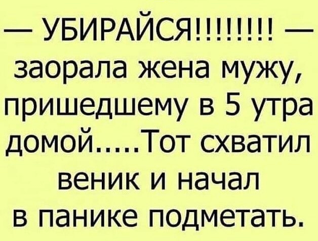 УБИРАЙСЯ заорала жена мужу пришедшему в 5 утра домой Тот схватил веник и начал в панике подметать