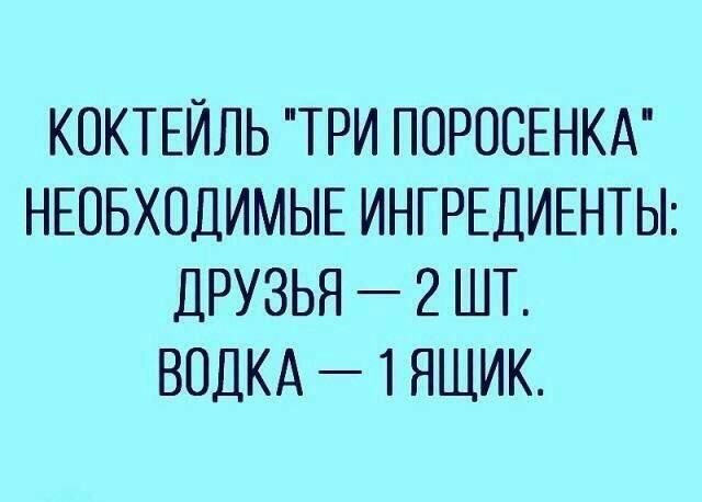 КОКТЕЙЛЬ ТРИ ПОРОСЕНКА НЕОБХОДИМЫЕ ИНГРЕДИЕНТЫ ДРУЗЬЯ 2 ШТ ВОДКА 1 ЯЩИК