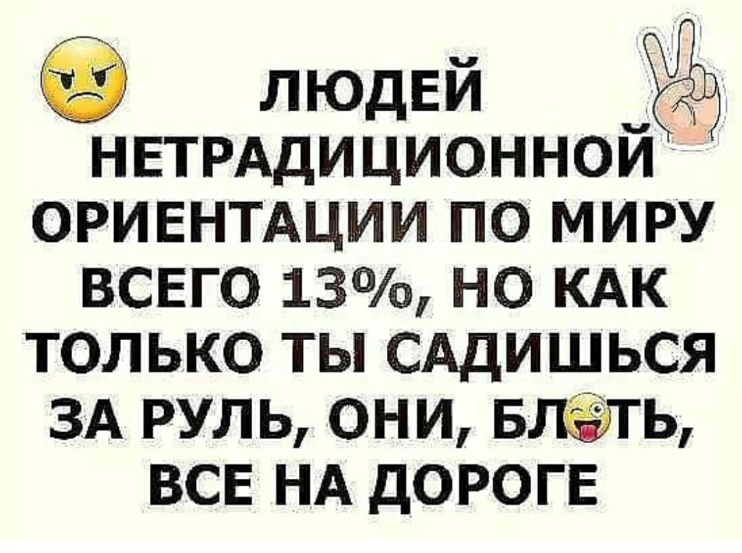 НЕТРАдиционной ОРИЕНТАЦИИ по миру всего 13 но кдк только ты САДИШЬСЯ ЗА руль они Блёпь ВСЕ НА дорогв