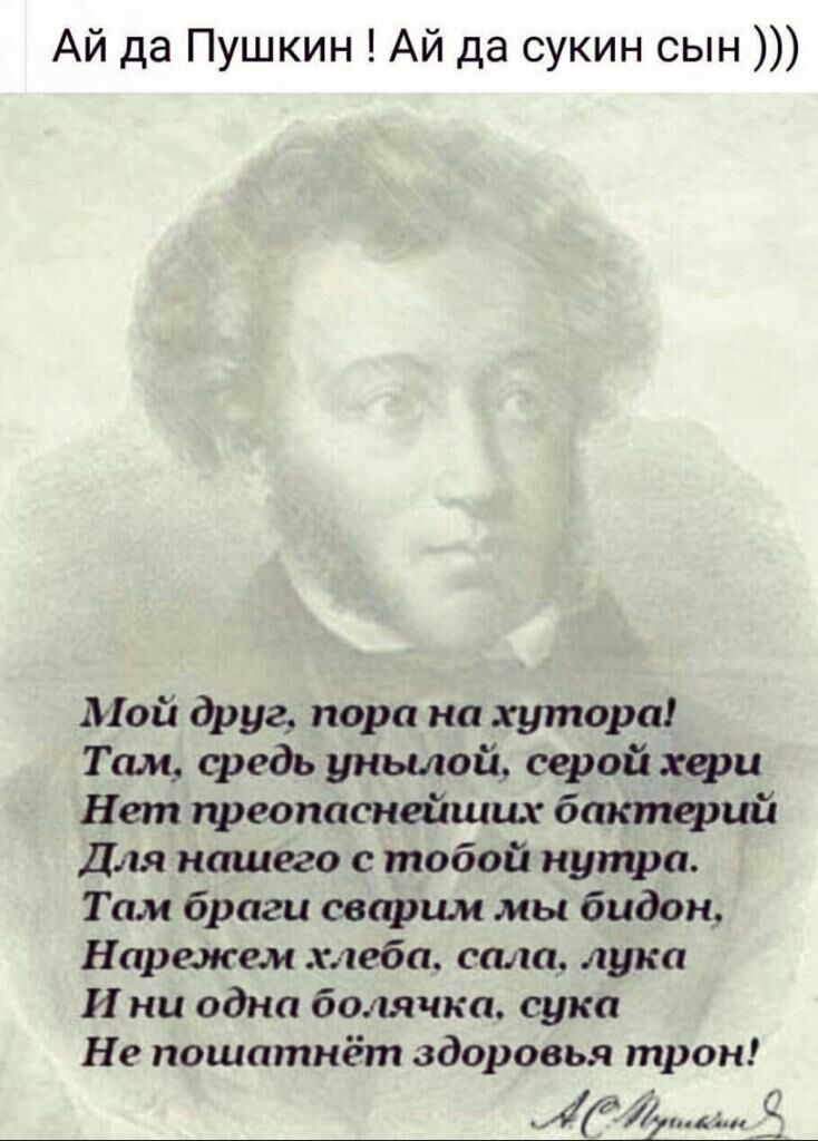 Ай да Пушкин Ай да сукин сын Ліой друг пора на хутора Там средь унылой серой хфи Нет преопаснайших бактерий Для нашего с тобой нутро Там браги сварим мы бидон Нарежем хлеба сала лука И ни одна болячки сука Н е пошатнёт здоровья трон иш