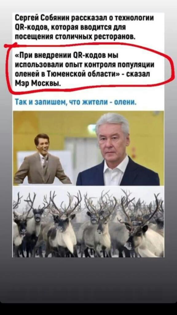 Сергей Собянин рассказал о технологии и кодов которая вводится для посещения столичных ресторанов При внедрении ПП кодоп мы использовали опыт контроля популяции оленей в Тюменской области сказал Мэр Москвы тд И запишем ЧТО ЖИТЕЛИ МЮИ