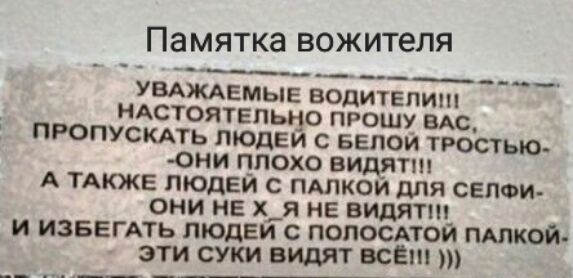 Памятка вожителя ___ ______ ___ УВАЖАЕМЫЕ ВОДИТЕЛИ НАСТОЯТЕПЬЧО ПРОШУ ВАС ПРОПУСКАТЬ ПЮЦЕИ С БЕЛОЙ ТРОСТЫО ОНИ ПЛОХО видят А ТАКЖЕ ЛЮДЕИ С ПАПКОИ дЛЯ СЕПФИ ОНИ НЕ Х_Я НЕ видят И ИЗБЕГАТЬ ЛЮдЕИ С ПОПОСАТОЙ ПАЛКОЙ ЭТИ СУКИ ВИДЯТ ВСЕ
