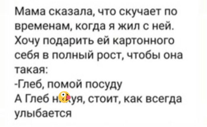 Мама сказала что скучает по временам когда я жил с ней Хочу подарить ей картонного себя в полный рост чтобы она такая Глеб помой посуду А Глеб Юуя стоит как всегда улыбается