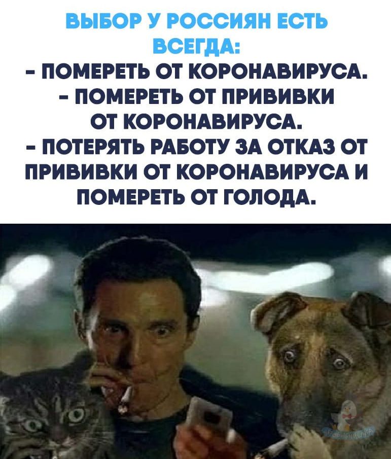 ВЫБОР У РОССИЯН ЕСТЬ ВСЕГДА ПОМЕРЕТЬ ОТ КОРОНАВИРУСА ПОМЕРЕТЪ ОТ ПРИВИВКИ ОТ КОРОНАВИРУСА ПОТЕРЯТЬ РАБОТУ ЗА ОТКАЗ ОТ ПРИВИВКИ ОТ КОРОНАВИРУСА И ПОМЕРЕТЬ ОТ ГОЛОдА