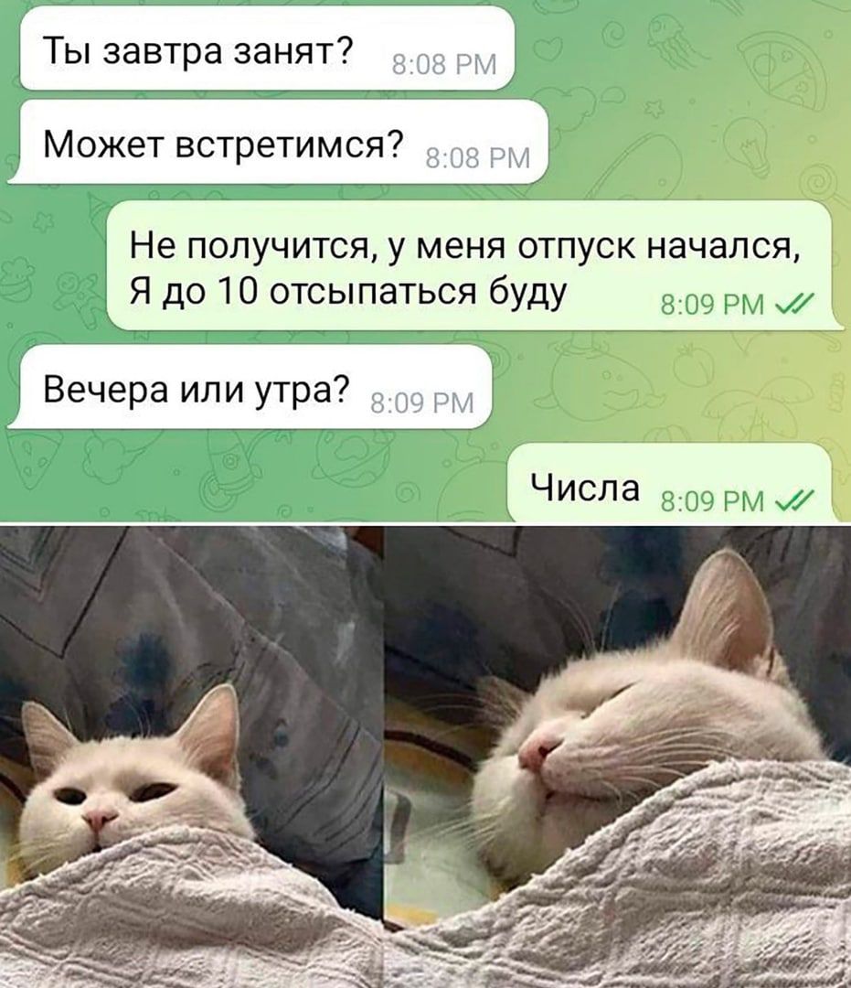 Ты завтра занят Может встретимся Не получится у меня отпуск начался д_ Я до 10 отсыпаться буду ______ __ ___ Вечера или утра