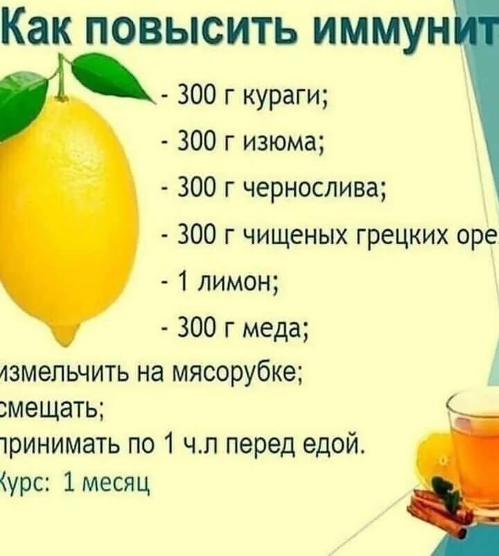Как ПОВЫСИТЬ ИММУН 300 г кураги 300 г изюма 300 г чернослива 300 г чищеных грецких оре 1 лимон 300 г меда азмепьчить на мясорубке мещать 1ринимать по 1 чп перед едой урс 1 месяц