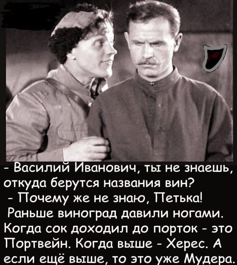 _асилии ванович тьі не зТіпешь откуда берутся названия вин Почему же не знаю Петька Раньше виноград давили ногами Когда сок доходил до порток это Портвейн Когда выше Херес А если ещё выше то это уже Мудера