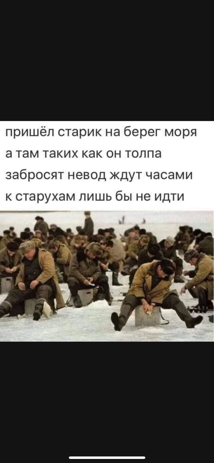 пришёл старик на берег моря а там таких как он толпа забросят невод ждут часами К старухам ЛИШЬ бы не ИДТИ