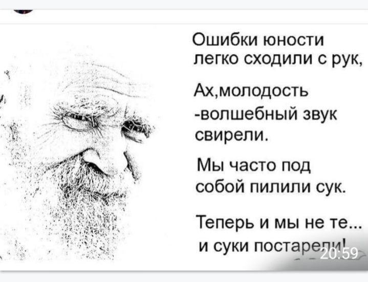 т Ошибки юности легко сходили с рук Ах молодость вопшебный звук свирепи Мы часто под собой пипипи сук Теперь и мы не те И СУКИ постаре Ш