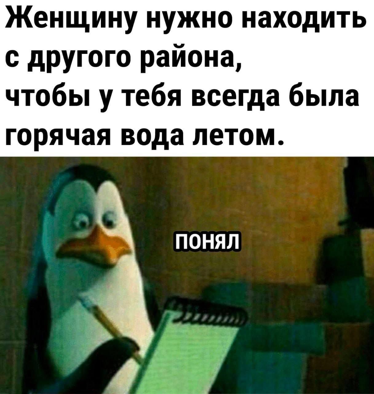 Женщину нужно находить с другого района чтобы у тебя всегда была горячая вода летом ПОНЯЛ