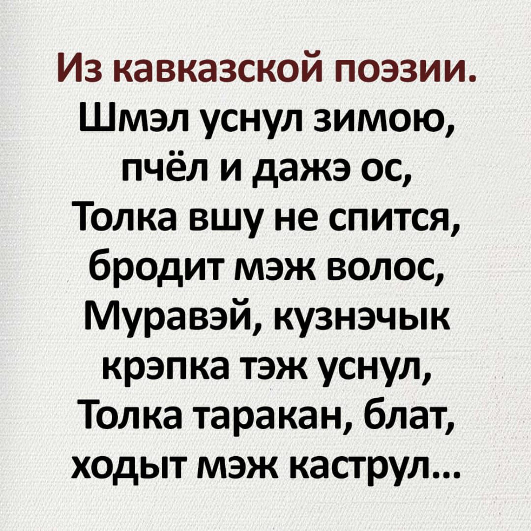 Из кавказской поэзии Шмэл уснул зимою пчёл и дажэ ос Толка вшу не спится бродит мэж волос Муравэй кузнэчык крэпка тэж уснул Толка таракан блат ходыт мэж каструл